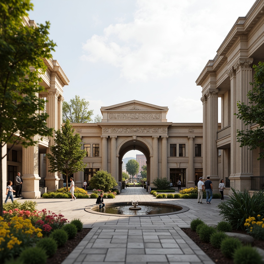 Prompt: Grand community center, neoclassical architecture, symmetrical facades, ornate columns, grand archways, lavish fountains, manicured lawns, vibrant flowerbeds, pedestrian walkways, public art installations, natural stone paving, warm ambient lighting, shallow depth of field, 1/1 composition, realistic textures, soft focus effect.