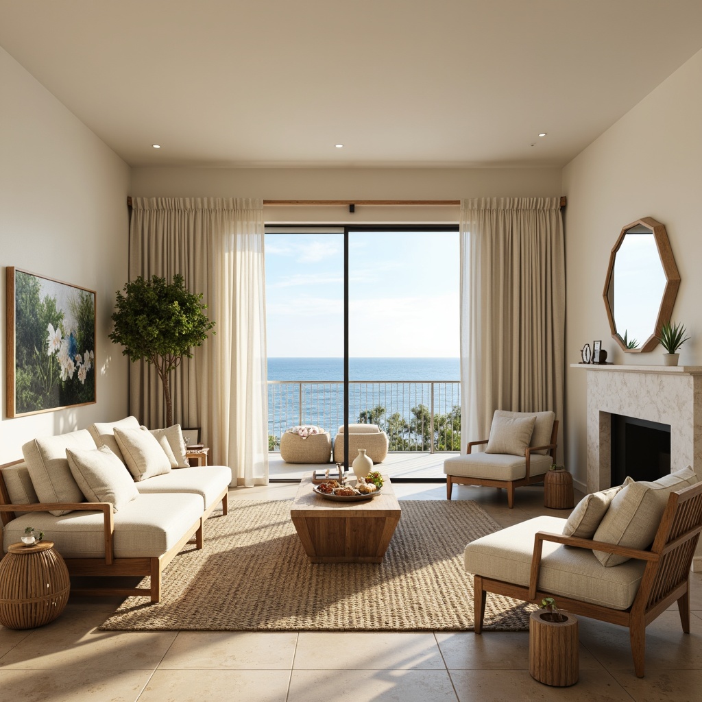 Prompt: Coastal living room, soft creamy walls, driftwood furniture, natural linen upholstery, woven sea grass rugs, coral-inspired accents, calming ocean views, floor-to-ceiling windows, sliding glass doors, bright sunny day, gentle warm lighting, soft shadows, shallow depth of field, 1/2 composition, realistic textures, ambient occlusion.