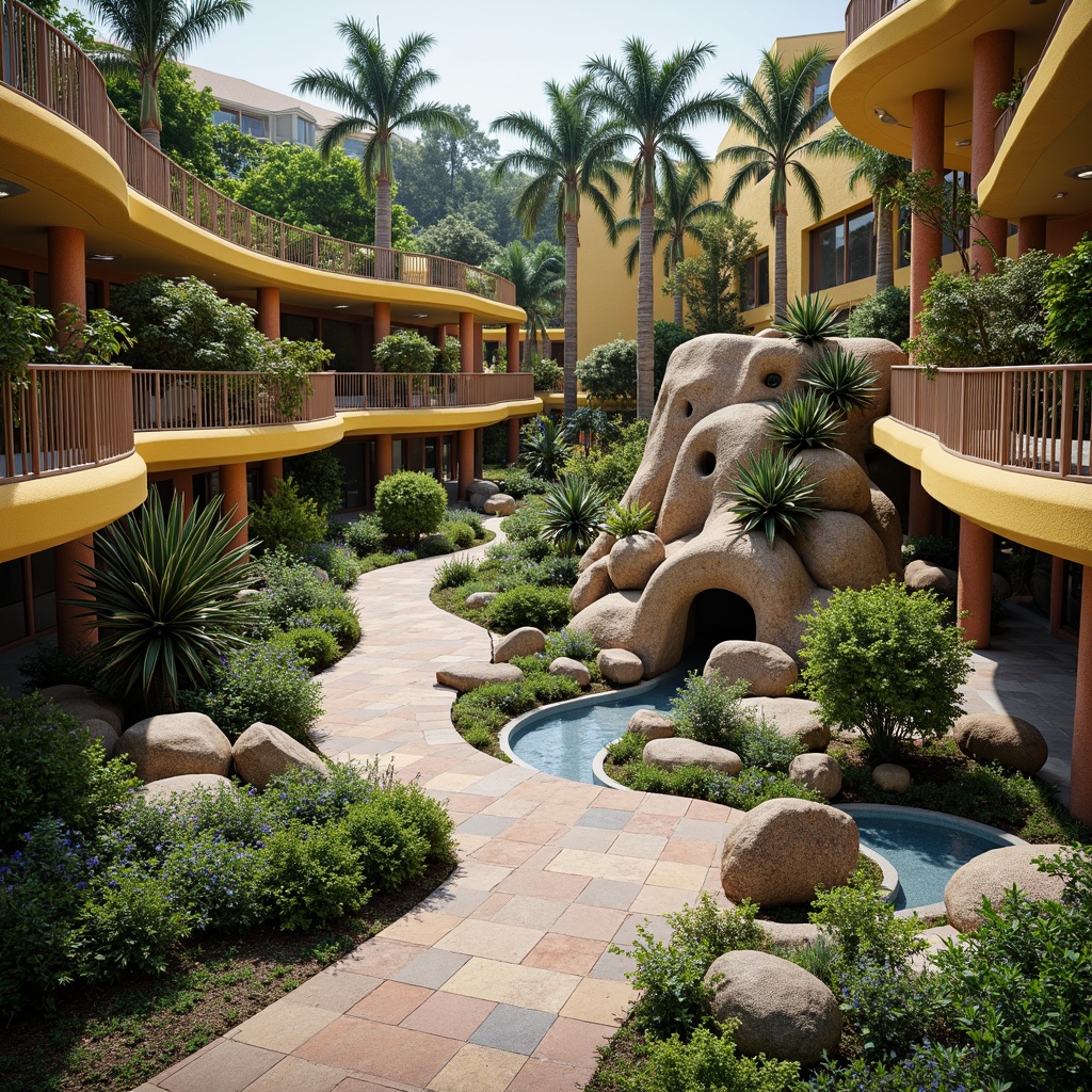 Prompt: Vibrant animal enclosures, winding walkways, lush greenery, exotic plants, natural rock formations, abstract sculptures, playful water features, colorful mosaic tiles, irregular shapes, dynamic curves, whimsical architecture, bold color schemes, eclectic textures, ambient lighting, dramatic shadows, 3/4 composition, wide-angle lens, realistic renderings, atmospheric perspective.