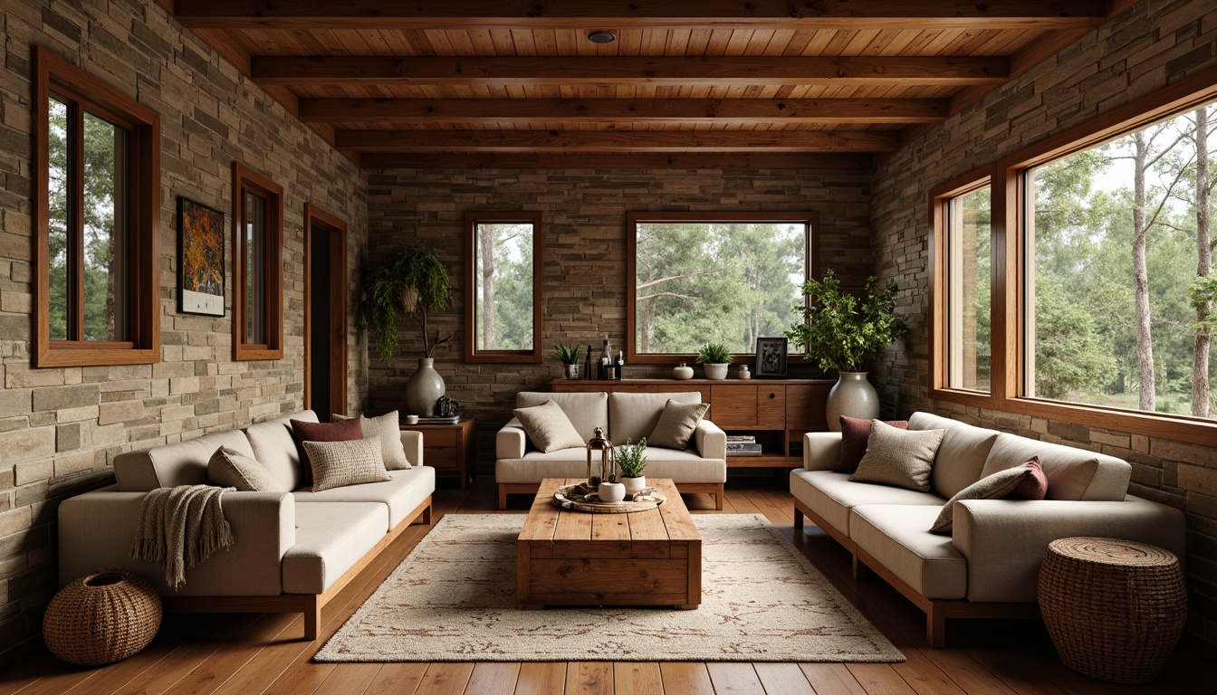 Prompt: Rustic wooden cabin, natural stone walls, earthy color palette, plush area rugs, comfortable oversized furniture, soft warm lighting, textured throw blankets, woven wicker baskets, vintage metal lanterns, distressed wood accents, cozy reading nooks, nature-inspired artwork, calming forest views, serene atmosphere, shallow depth of field, 1/2 composition, realistic textures, ambient occlusion.