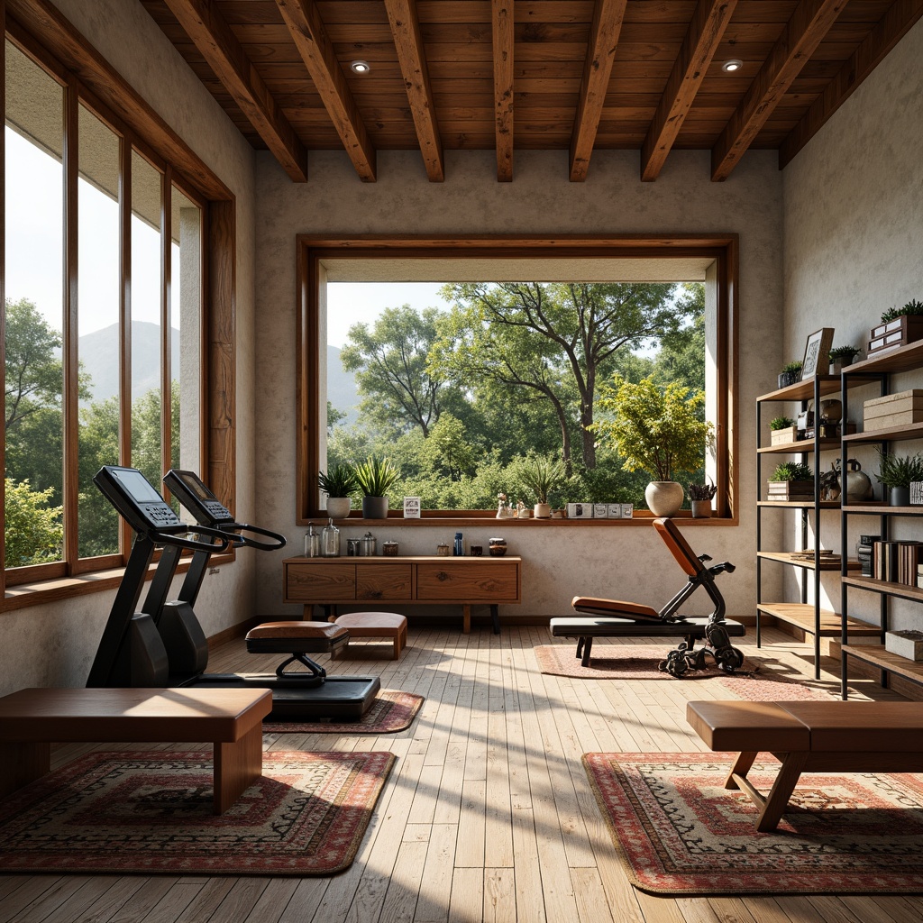 Prompt: Retro-style home gym, mid-century modern furniture, wooden flooring, natural stone walls, floor-to-ceiling windows, minimalist decor, vintage exercise equipment, restored treadmills, classic dumbbells, leather-bound benches, geometric-patterned rugs, industrial metal shelving, reclaimed wood accents, warm ambient lighting, 1/1 composition, shallow depth of field, realistic textures, ambient occlusion.