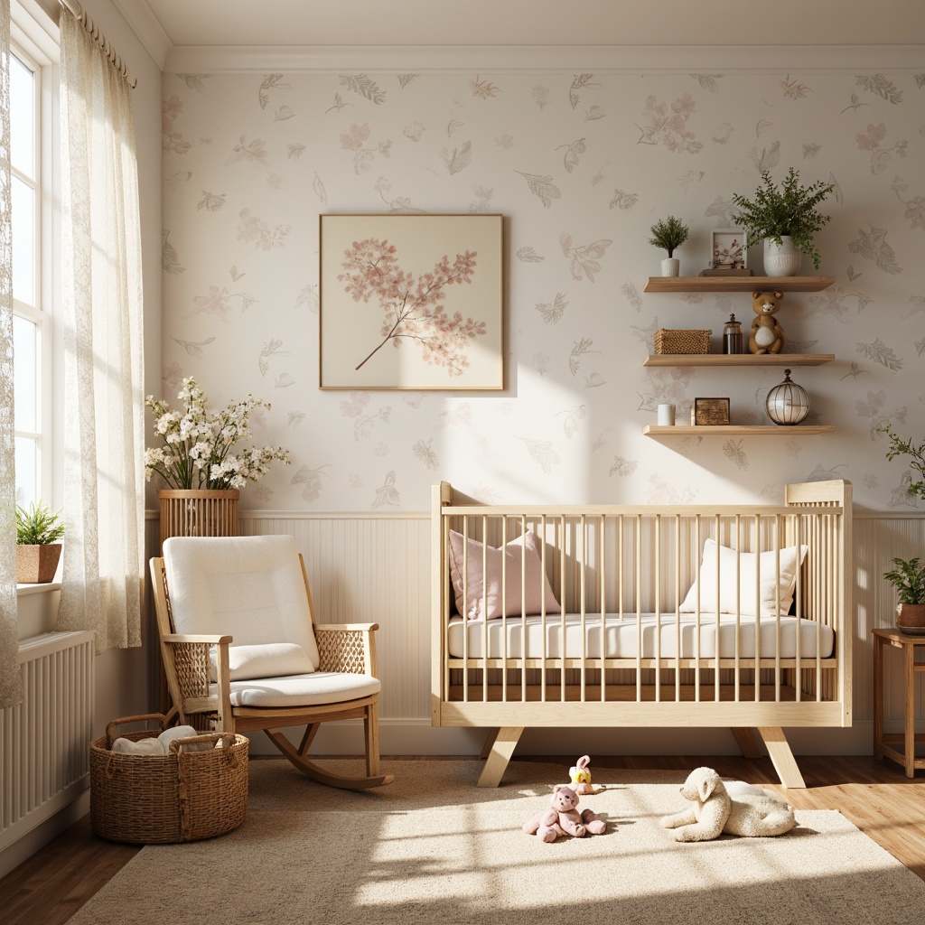 Prompt: Whimsical nursery, soft pastel colors, plush toys, crib with intricate carvings, textured wallpaper with gentle patterns, warm beige carpet, natural wood furniture, wicker rocking chair, sheer curtains with subtle lace details, cozy reading nook, rustic wooden shelves, vintage-inspired decorative frames, creamy white walls, delicate flower arrangements, morning sunlight, softbox lighting, shallow depth of field, 1/2 composition, realistic textures, ambient occlusion.