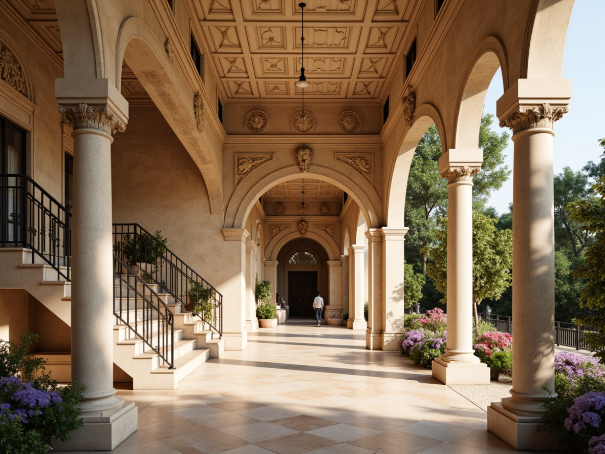 Prompt: Ornate pavilion, classicism architecture, intricately carved stone columns, ornamental metal railings, grand staircases, polished marble floors, richly textured walls, warm beige color palette, subtle golden accents, elegant archways, refined cornices, delicate moldings, lush greenery, blooming flowers, sunny day, soft warm lighting, shallow depth of field, 3/4 composition, panoramic view, realistic textures, ambient occlusion.