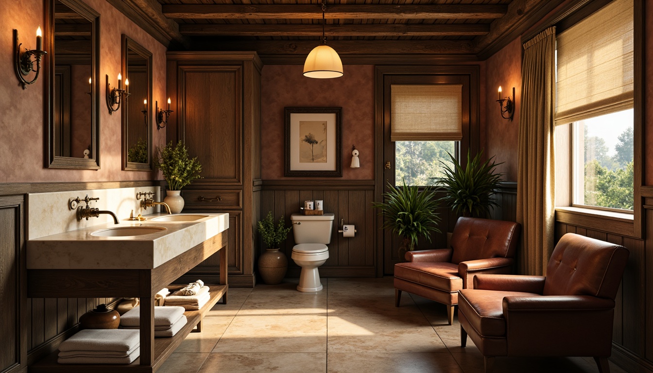 Prompt: Rustic powder room, warm earthy tones, distressed wood accents, vintage fixtures, soft candlelight, warm bronze sconces, dimmable overhead lighting, natural linen shades, creamy marble countertops, ornate metal details, worn leather armchairs, cozy reading nooks, rich velvet drapes, morning sunlight, subtle shadows, 1/2 composition, soft focus, warm color temperature.