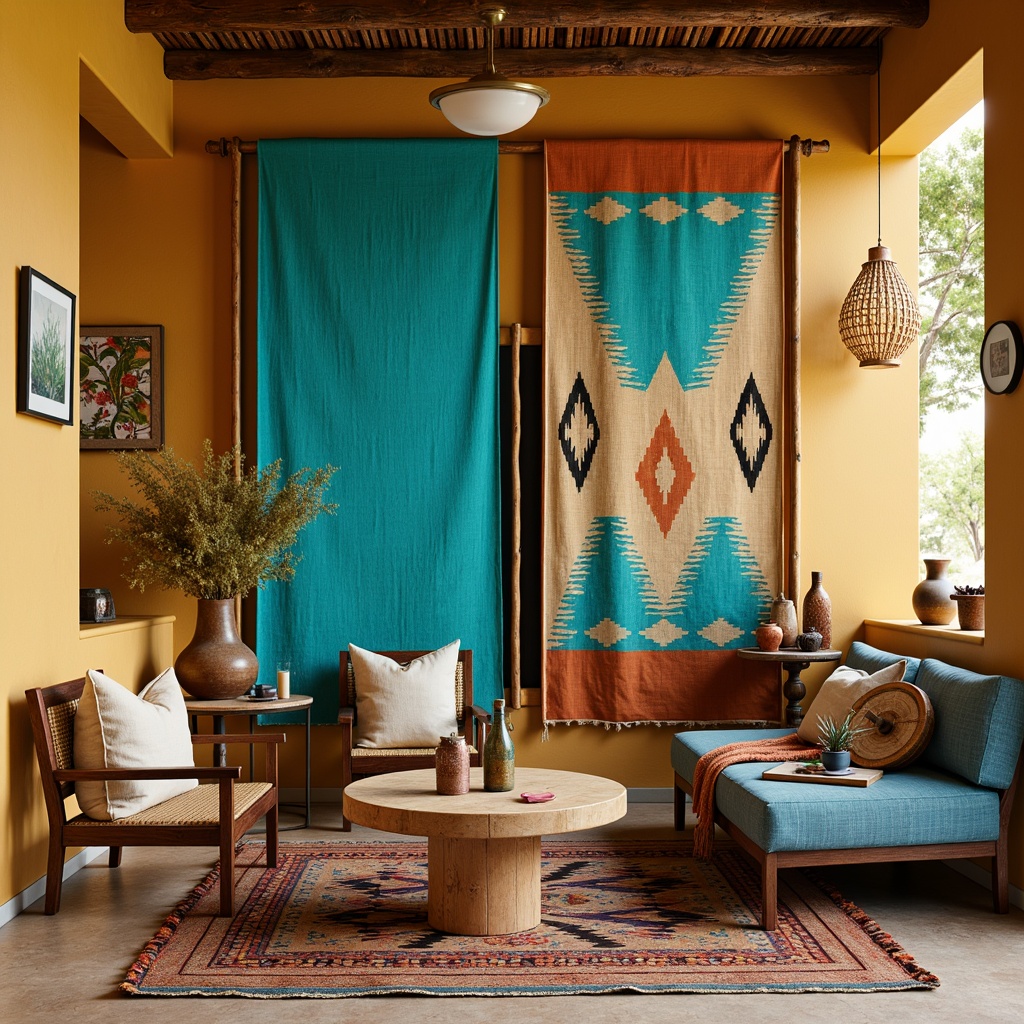 Prompt: Vibrant turquoise fabrics, bold geometric patterns, natural linen textures, earthy terracotta hues, woven wool blankets, distressed denim upholstery, rustic wood accents, desert botanical prints, sunny yellow walls, warm beige floors, cozy throw pillows, Navajo-inspired designs, tribal-printed rugs, eclectic vintage decor, ambient candlelight, shallow depth of field, 1/1 composition, realistic rendering.