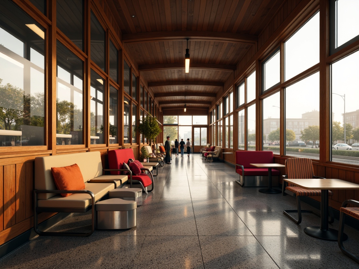 Prompt: Cozy train station interior, wooden benches, soft cushioning, warm lighting, comfortable seating areas, modern ergonomic chairs, sleek metal frames, vibrant colorful upholstery, natural wood accents, polished granite floors, gentle curves, spacious open layout, minimal noise level, soft background music, calm atmosphere, panoramic windows, urban cityscape views, bustling crowd scenes, morning commute hour, warm sunny day, shallow depth of field, 1/2 composition, realistic textures, ambient occlusion.