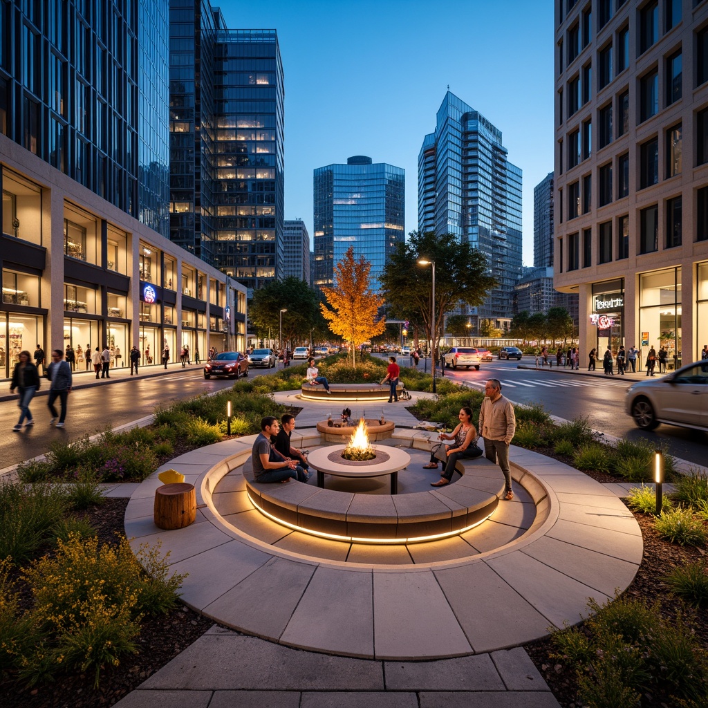 Prompt: Curved walkways, open public spaces, vibrant street art, eclectic urban furniture, modern skyscrapers, sleek glass towers, pedestrian-friendly streets, efficient traffic flow, ample parking areas, well-lit nighttime scenes, soft warm lighting, shallow depth of field, 3/4 composition, panoramic view, realistic textures, ambient occlusion.