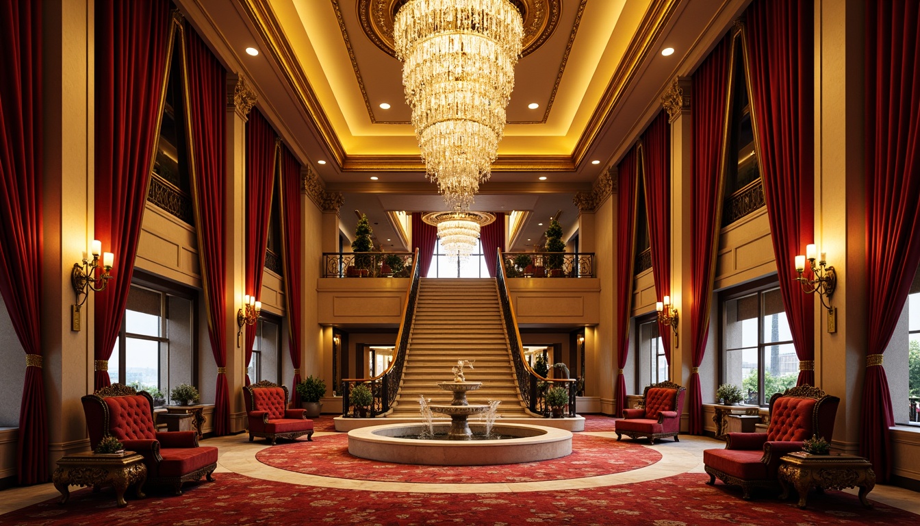 Prompt: Luxurious casino interior, rich velvet drapes, ornate gold leaf accents, crystal chandeliers, marble floors, intricate moldings, plush red carpets, regal throne-like seating, antique bronze fixtures, lavish fountains, grand staircases, warm golden lighting, shallow depth of field, 1/1 composition, realistic textures, ambient occlusion.