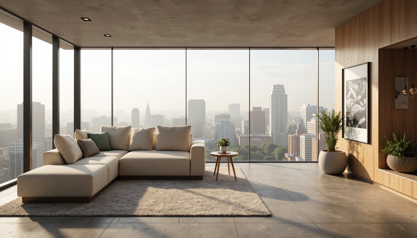 Prompt: Celadon-inspired penthouse, serene urban skyline, misty morning atmosphere, soft warm lighting, luxurious furnishings, creamy whites, pale blues, muted greens, warm beige, rich wood accents, sleek metal frames, floor-to-ceiling windows, panoramic city views, modern minimalist decor, subtle texture contrasts, natural stone flooring, plush area rugs, ambient occlusion, 1/1 composition, realistic render.