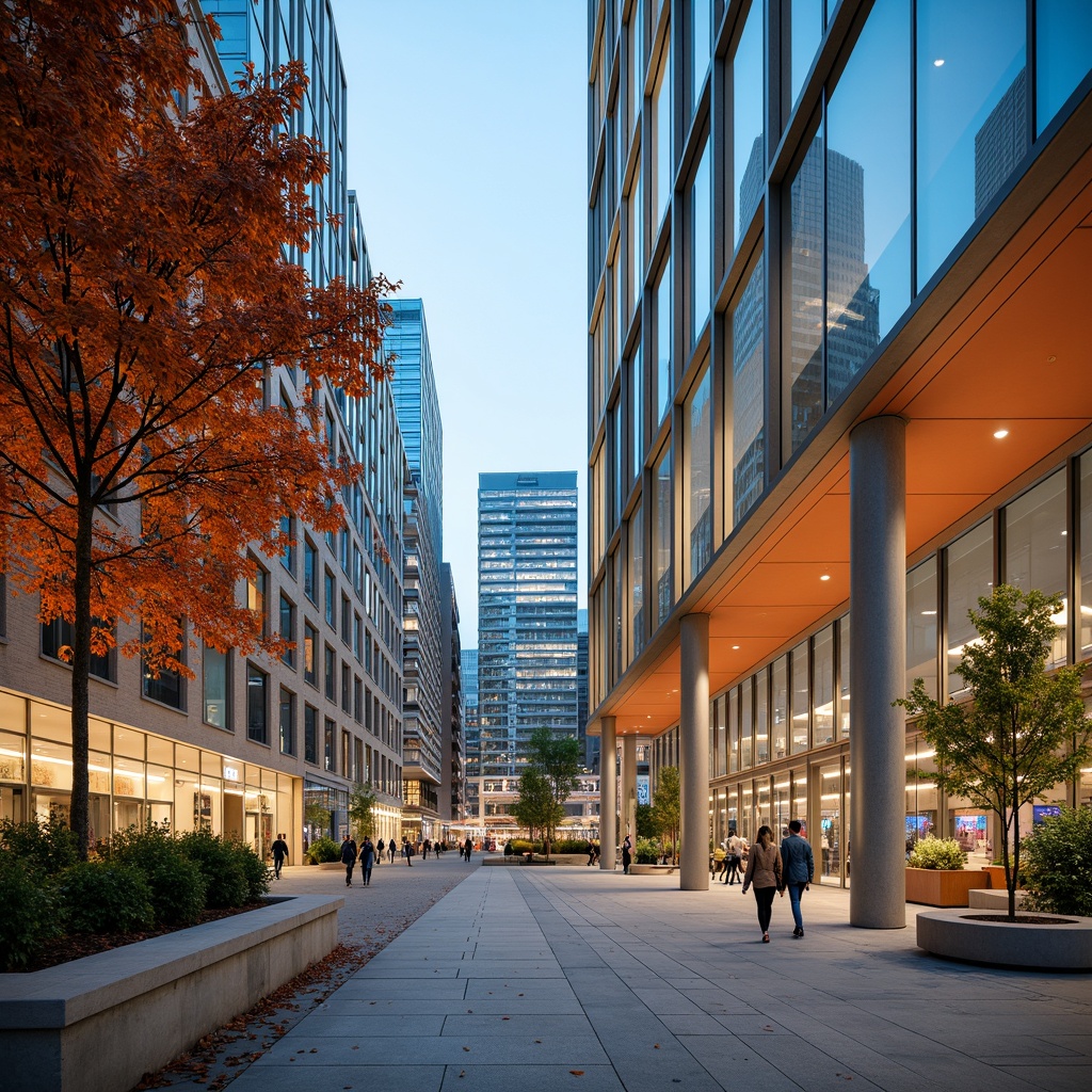 Prompt: Vibrant urban plaza, modern municipal architecture, sleek glass fa\u00e7ades, steel beams, polished concrete floors, natural stone walls, warm beige tones, calming blue hues, energetic orange accents, dynamic LED lighting, bustling cityscape, morning sunlight, soft shadows, 1/2 composition, shallow depth of field, realistic textures, ambient occlusion.