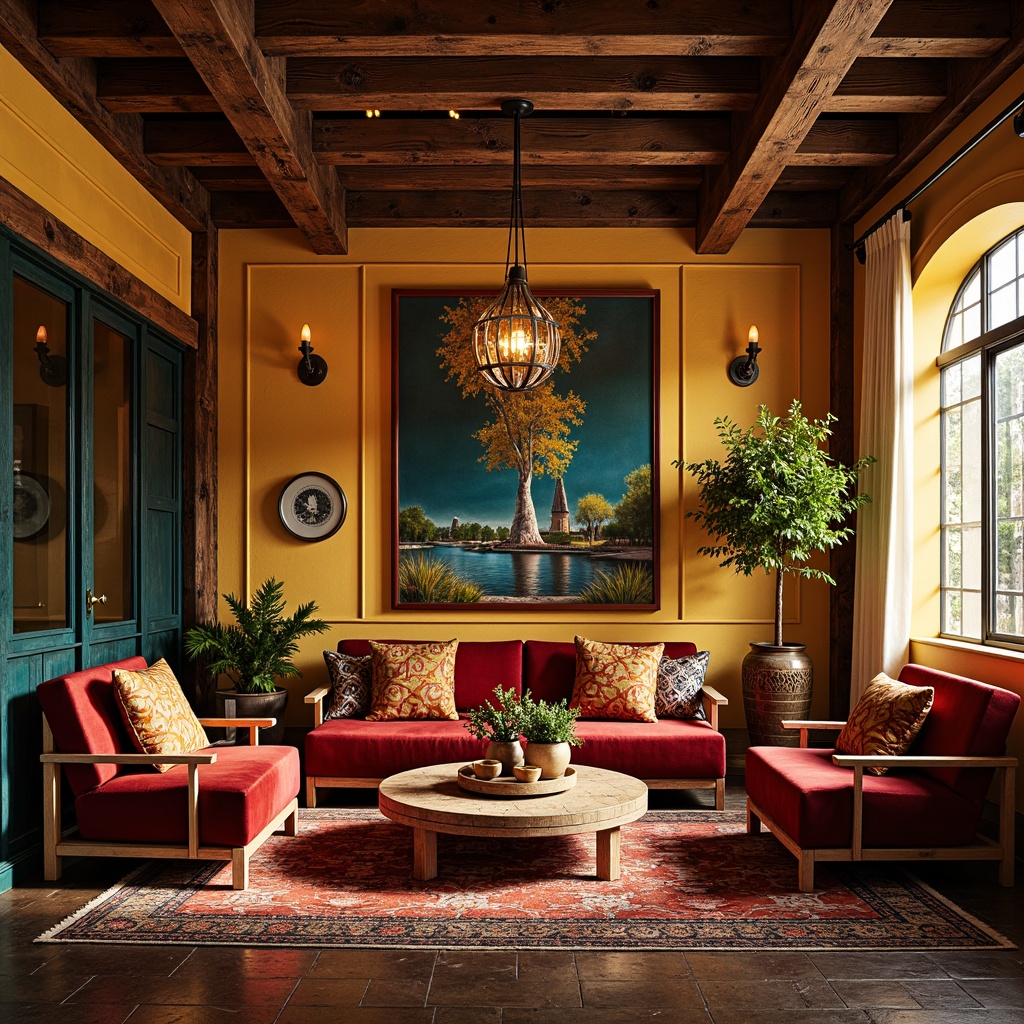 Prompt: Vibrant eclectic interior, rich velvet fabrics, bold geometric patterns, distressed wood accents, ornate metal fixtures, statement lighting pieces, global-inspired textiles, Moroccan tiles, abstract artwork, eclectic vintage decor, warm golden lighting, soft focus, atmospheric perspective, cinematic composition, realistic textures, ambient occlusion.