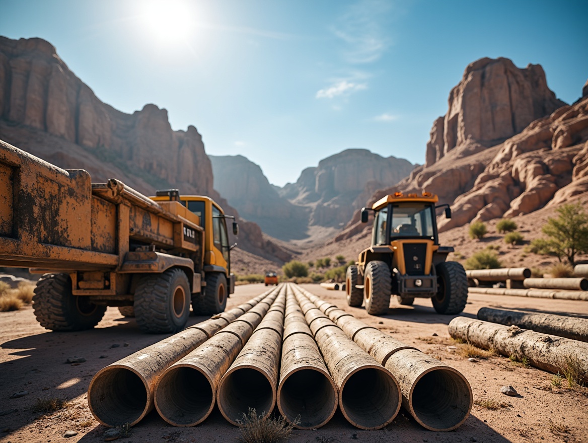 Prompt: Durable polyethylene pipes, industrial machinery, metallic frames, sturdy joints, textured surfaces, weathered finishes, outdoor environments, sunny days, clear blue skies, vast open spaces, construction sites, heavy-duty equipment, reinforced materials, rugged landscapes, rocky formations, dry desert air, warm lighting, shallow depth of field, 1/1 composition, realistic textures, ambient occlusion.