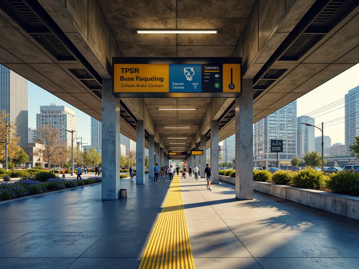 Prompt: Vibrant bus station interior, urban transportation hub, modern architecture, sleek metal columns, concrete flooring, bright LED lighting, bold signage, dynamic color scheme, warm beige tones, deep blue accents, energetic yellow highlights, neutral gray backgrounds, industrial-chic textures, geometric patterns, urban landscape views, natural light pouring in, shallow depth of field, 1/1 composition, realistic renderings, ambient occlusion.