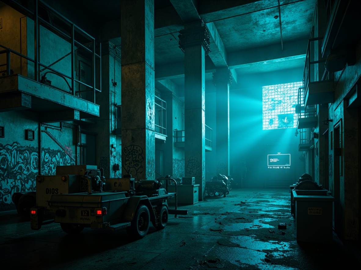 Prompt: Dark cyan accents, mysterious ambiance, industrial textures, metallic sheens, neon lights, cyberpunk atmosphere, gritty urban landscape, abandoned factories, rusty machinery, distressed walls, graffiti art, edgy typography, futuristic technology, holographic displays, LED lights, misty fog, low-key lighting, cinematic composition, 3/4 frame, shallow depth of field.