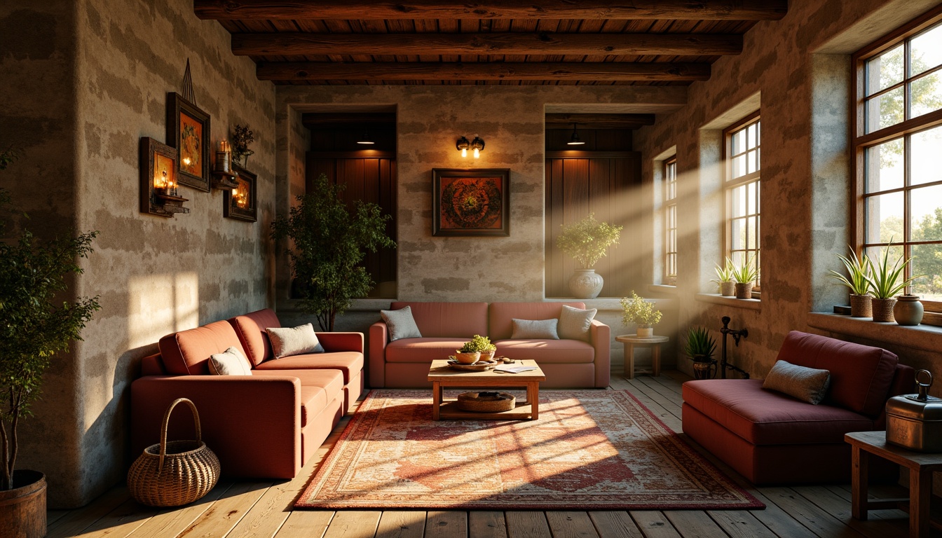 Prompt: Rustic farmhouse, warm golden lighting, soft candlelight, vintage metal lanterns, distressed wood accents, natural stone walls, earthy color palette, cozy reading nooks, plush velvet furniture, woven wicker baskets, vintage farming tools, soft morning light, warm afternoon sunbeams, dramatic shadows, layered textures, ambient occlusion, realistic render, 1/1 composition, intimate atmosphere.