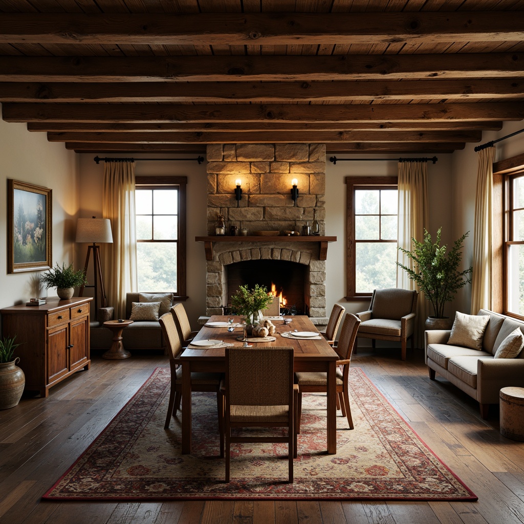 Prompt: Rustic dining room, wooden furniture, distressed finishes, earthy tones, natural textiles, vintage decor, exposed beams, stone fireplace, candlelight ambiance, warm cozy atmosphere, soft warm lighting, shallow depth of field, 3/4 composition, panoramic view, realistic textures, ambient occlusion.