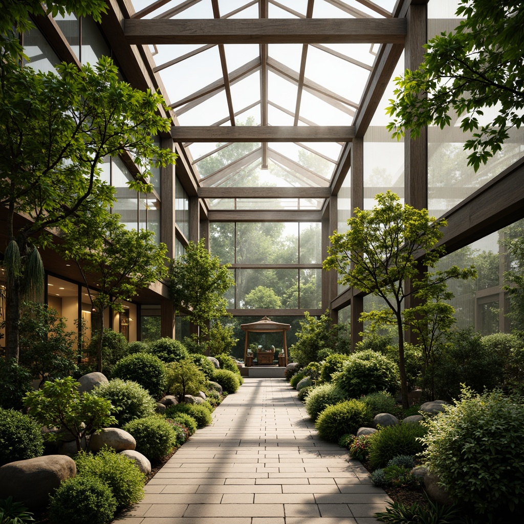 Prompt: Sleek Asian-inspired greenhouse, lush tropical plants, delicate bonsai trees, hanging flowering baskets, natural stone flooring, wooden trellises, intricate latticework, warm soft lighting, misty atmosphere, shallow depth of field, 1/2 composition, vibrant green hues, exotic flowers, peaceful ambiance, minimal decor, organic textures, subtle shadows.