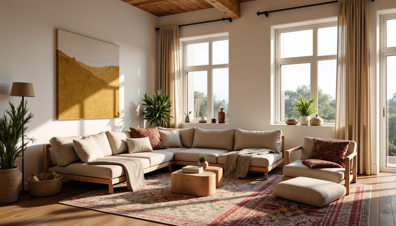 Prompt: Cozy Scandinavian living room, plush throw blankets, soft woven rugs, natural wood accents, minimalist furniture, cream-colored walls, large windows, warm golden lighting, vibrant colorful textiles, intricate geometric patterns, woven baskets, handmade ceramics, organic shapes, earthy tones, Nordic-inspired motifs, comfortable reading nooks, floor-to-ceiling curtains, subtle color palette, inviting atmosphere, shallow depth of field, 1/1 composition, realistic textures, ambient occlusion.