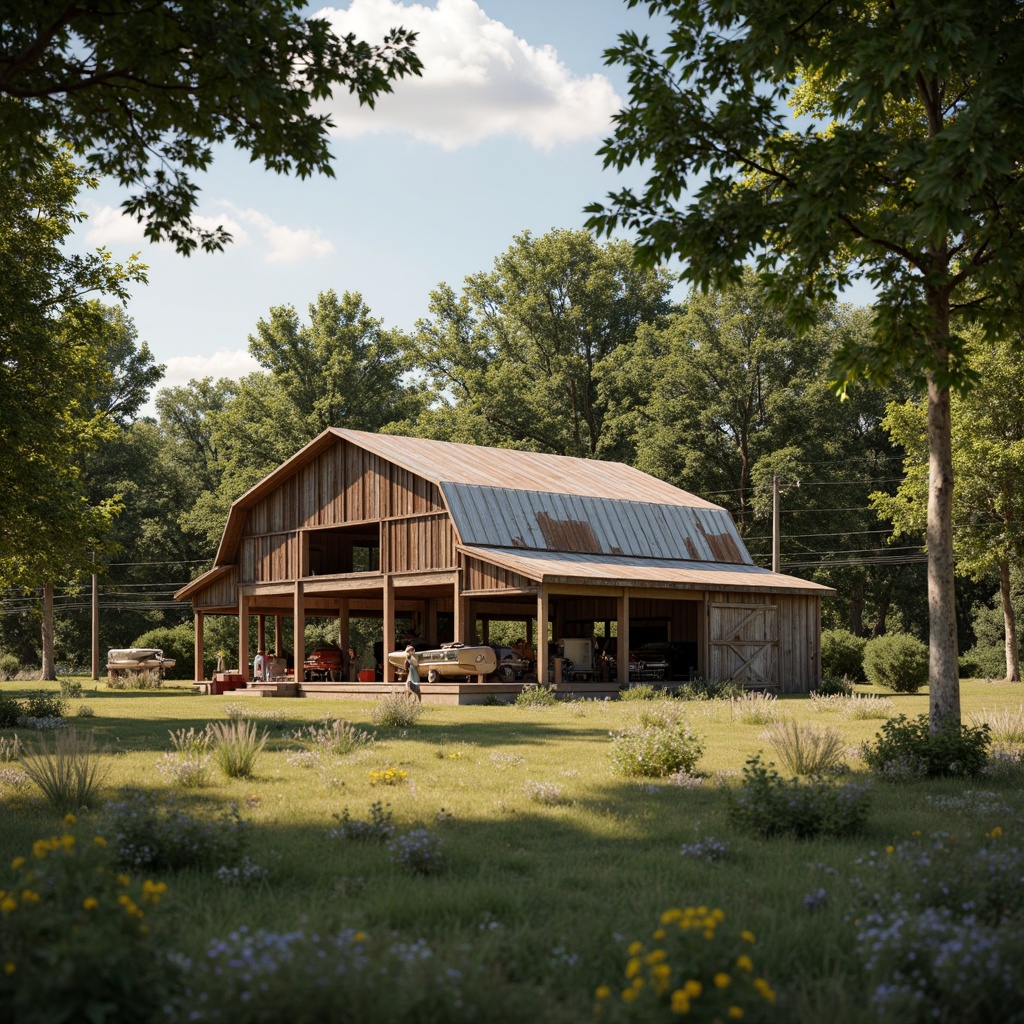 Prompt: Rustic farmhouse, vintage airplane hangar, earthy color palette, weathered wood textures, corrugated metal roofs, distressed stone walls, lush greenery, wildflowers, open fields, rustic farm equipment, retro aviation props, warm sunny day, soft natural lighting, shallow depth of field, 2/3 composition, cinematic view, realistic renderings, ambient occlusion.