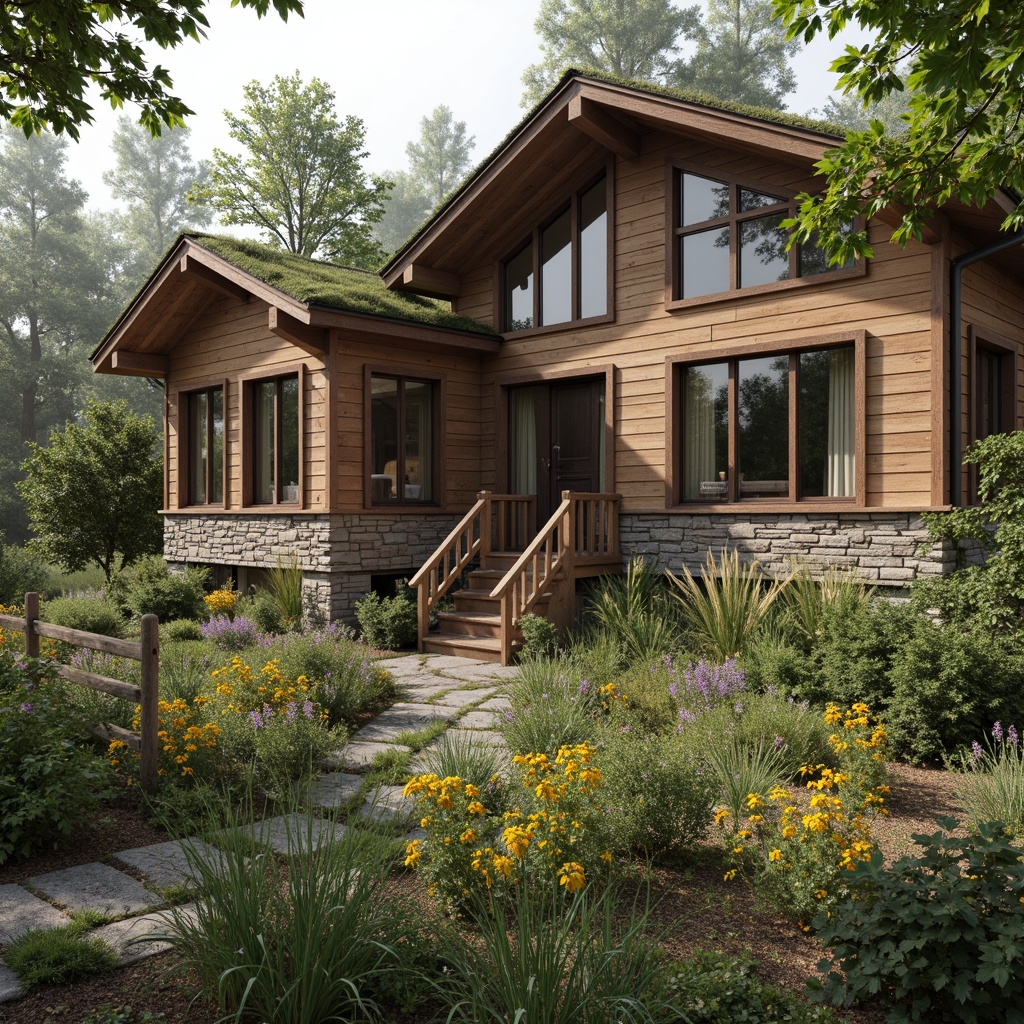 Prompt: Rustic farmhouse, reclaimed wood accents, natural stone walls, earthy color palette, wooden beams, exposed brick, green roofs, living walls, recycled metal decorations, organic gardens, wildflower fields, misty morning, soft warm lighting, shallow depth of field, 1/1 composition, realistic textures, ambient occlusion.