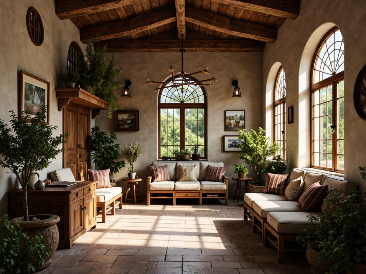 Prompt: Rustic farmhouse, curved lines, ornate decorations, natural materials, wooden accents, earthy tones, ceramic tiles, stained glass windows, flowing organic shapes, intricate metalwork, blooming flowers, lush greenery, sunny afternoon, soft warm lighting, shallow depth of field, 1/2 composition, realistic textures, ambient occlusion, vintage furniture, distressed finishes, cozy atmosphere.