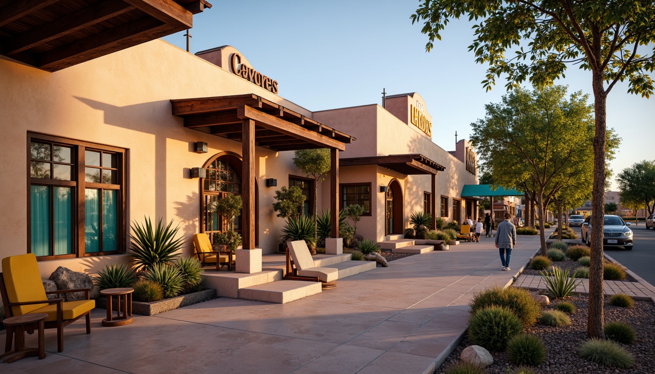 Prompt: Vibrant southwestern bus station, adobe-style architecture, warm earthy tones, terracotta roofs, ornate ironwork details, colorful tile murals, desert landscaping, cacti plants, succulents, bold signage fonts, bright turquoise accents, rusty metal textures, natural stone walls, wooden benches, shaded waiting areas, dramatic sunset lighting, high contrast ratios, 2/3 composition, dynamic angular lines, realistic reflections, ambient occlusion.