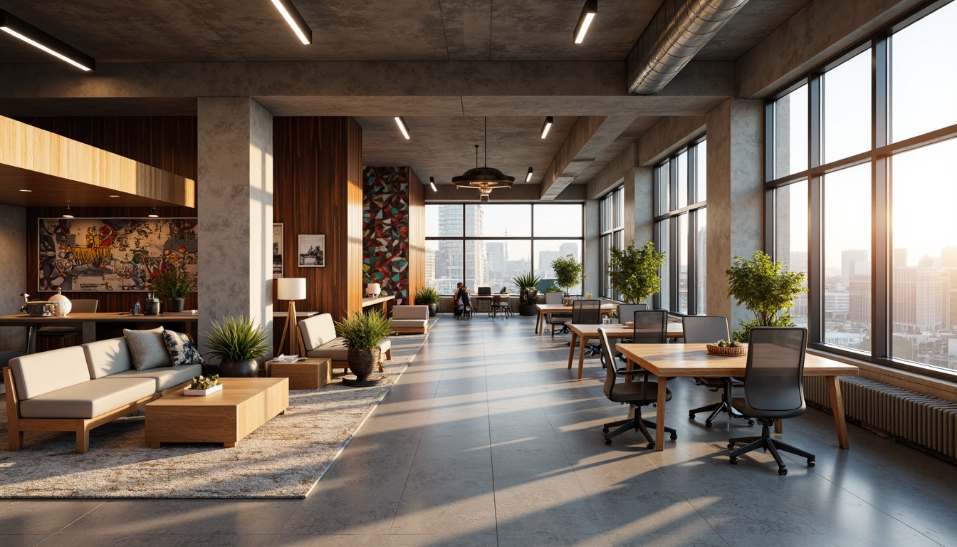 Prompt: Textured concrete walls, industrial metal accents, reclaimed wood planks, geometric patterned wallpaper, vibrant accent colors, eclectic artwork, modern minimalist furniture, ergonomic desk systems, task lighting, floor-to-ceiling windows, urban cityscape views, warm afternoon sunlight, shallow depth of field, 1/2 composition, realistic materials, ambient occlusion.