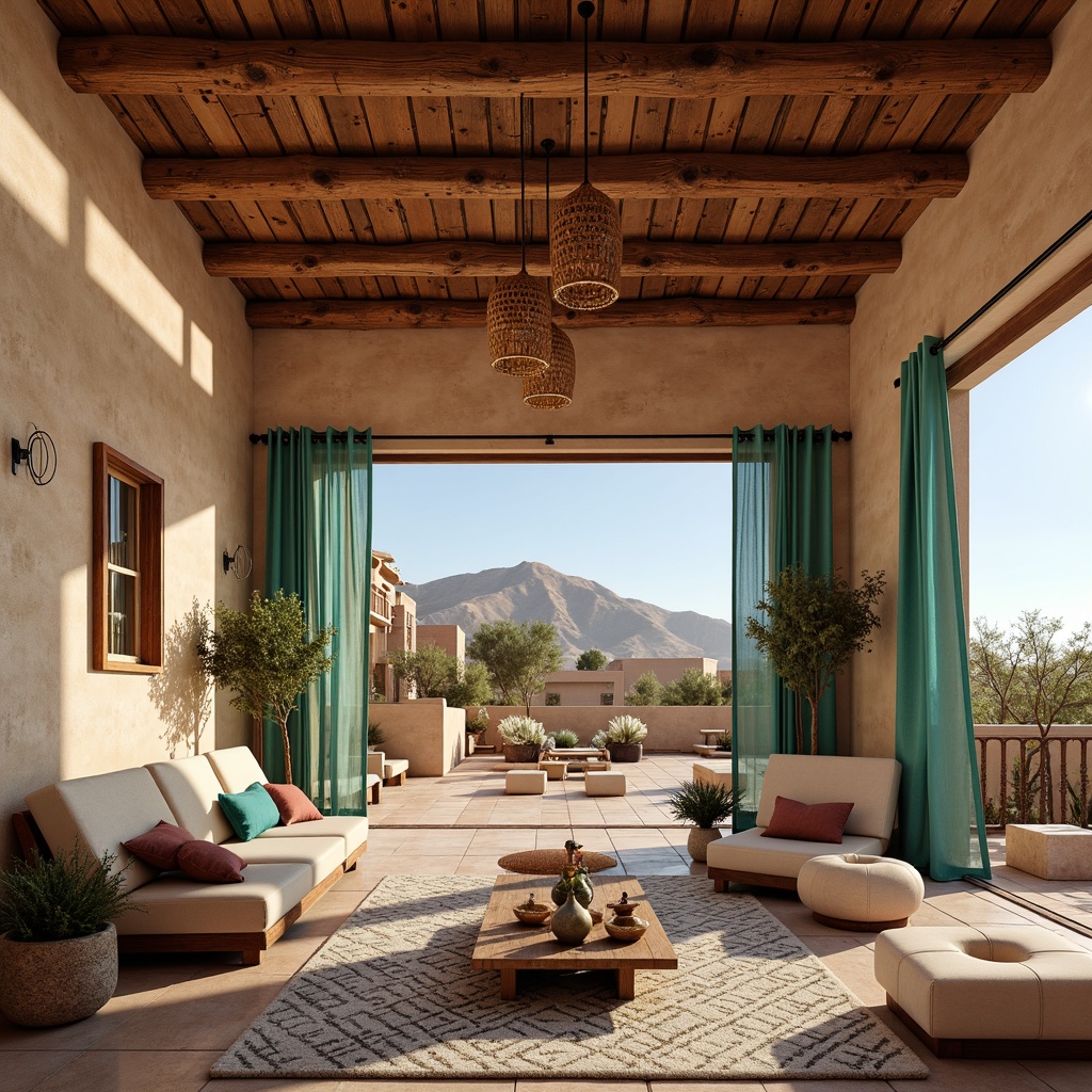 Prompt: Adobe earth tones, textured stucco walls, vibrant turquoise accents, natural stone features, wooden ceiling beams, rustic metal fixtures, geometric patterned rugs, woven basket lights, Southwestern-inspired pottery, cactus plants, warm sandy dunes, clear blue skies, dramatic desert landscapes, 3/4 composition, shallow depth of field, soft warm lighting, realistic textures, ambient occlusion.