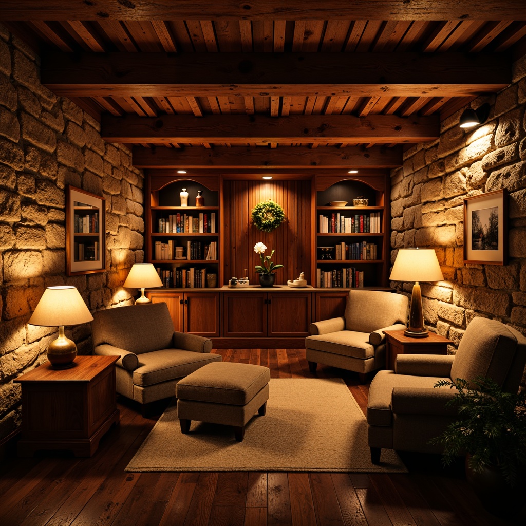 Prompt: Warm basement ambiance, rustic wood accents, soft warm lighting, table lamps, floor lamps, cozy reading nooks, plush armchairs, rich wood tones, natural stone walls, comfortable seating areas, intimate gathering spaces, warm color palette, ambient shadows, subtle highlights, 1/1 composition, realistic textures, atmospheric lighting effects.