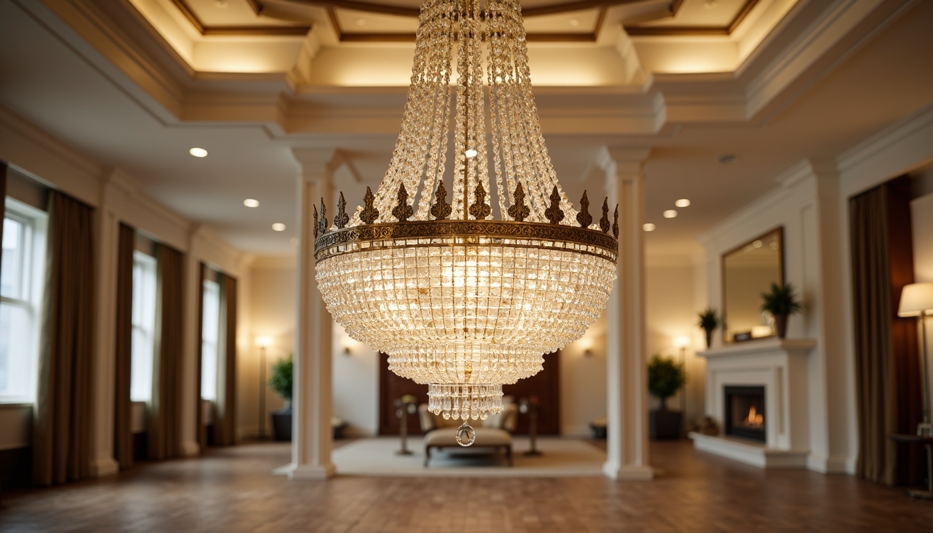 Prompt: Elegant chandelier, crystal drops, ornate metalwork, soft warm glow, ambient lighting, luxurious ceiling fixture, sophisticated pendant light, refined glass shades, polished chrome accents, classic designs, intricate details, lavish decorations, opulent atmosphere, majestic high ceilings, grand ballroom, upscale residential interior, creamy white walls, rich wood flooring, subtle color palette, 1/1 composition, shallow depth of field, realistic textures, ambient occlusion.