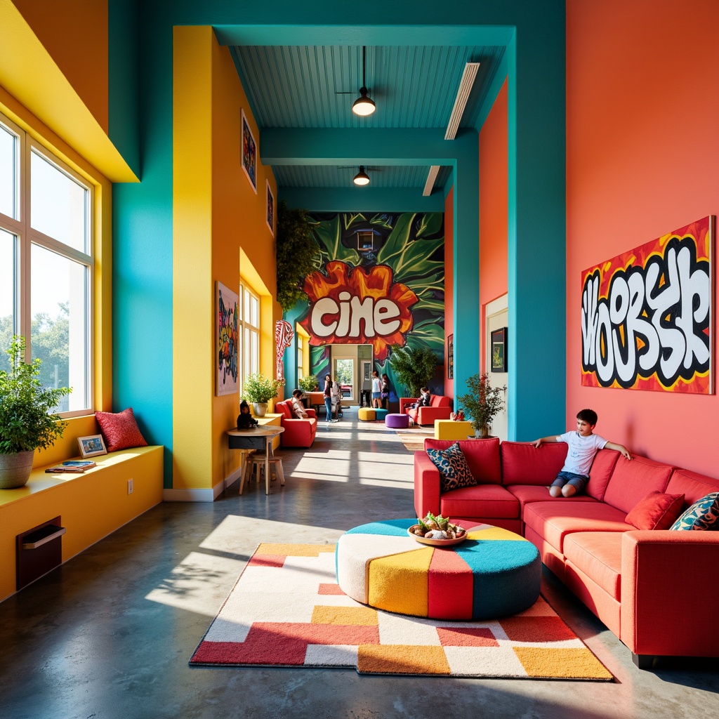 Prompt: Vibrant youth center, expressionist architecture, bold color palette, bright coral walls, turquoise accents, sunny yellow ceilings, electric blue columns, graffiti-inspired murals, urban street art, eclectic furniture, colorful throw pillows, abstract patterns, playful textures, natural light, warm atmosphere, shallow depth of field, 1/1 composition, dynamic camera angles, high contrast lighting, stylized shadows.