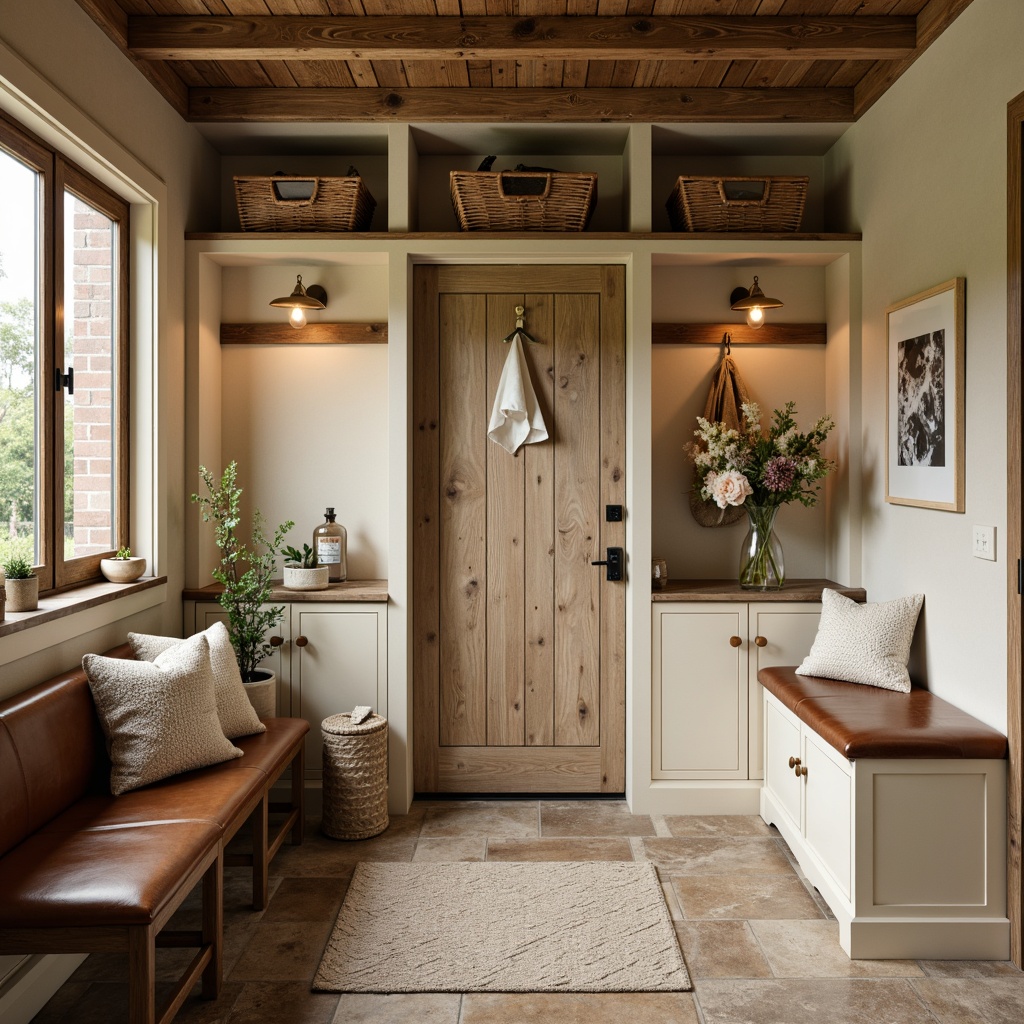 Prompt: Cozy mudroom, rustic wood accents, earthy tones, warm beige walls, natural stone flooring, woven baskets, vintage metal hooks, industrial chic decor, distressed wood furniture, rich brown leather benches, soft cream-colored cabinets, farmhouse-inspired accessories, warm overhead lighting, inviting atmosphere, 3/4 composition, shallow depth of field, realistic textures.