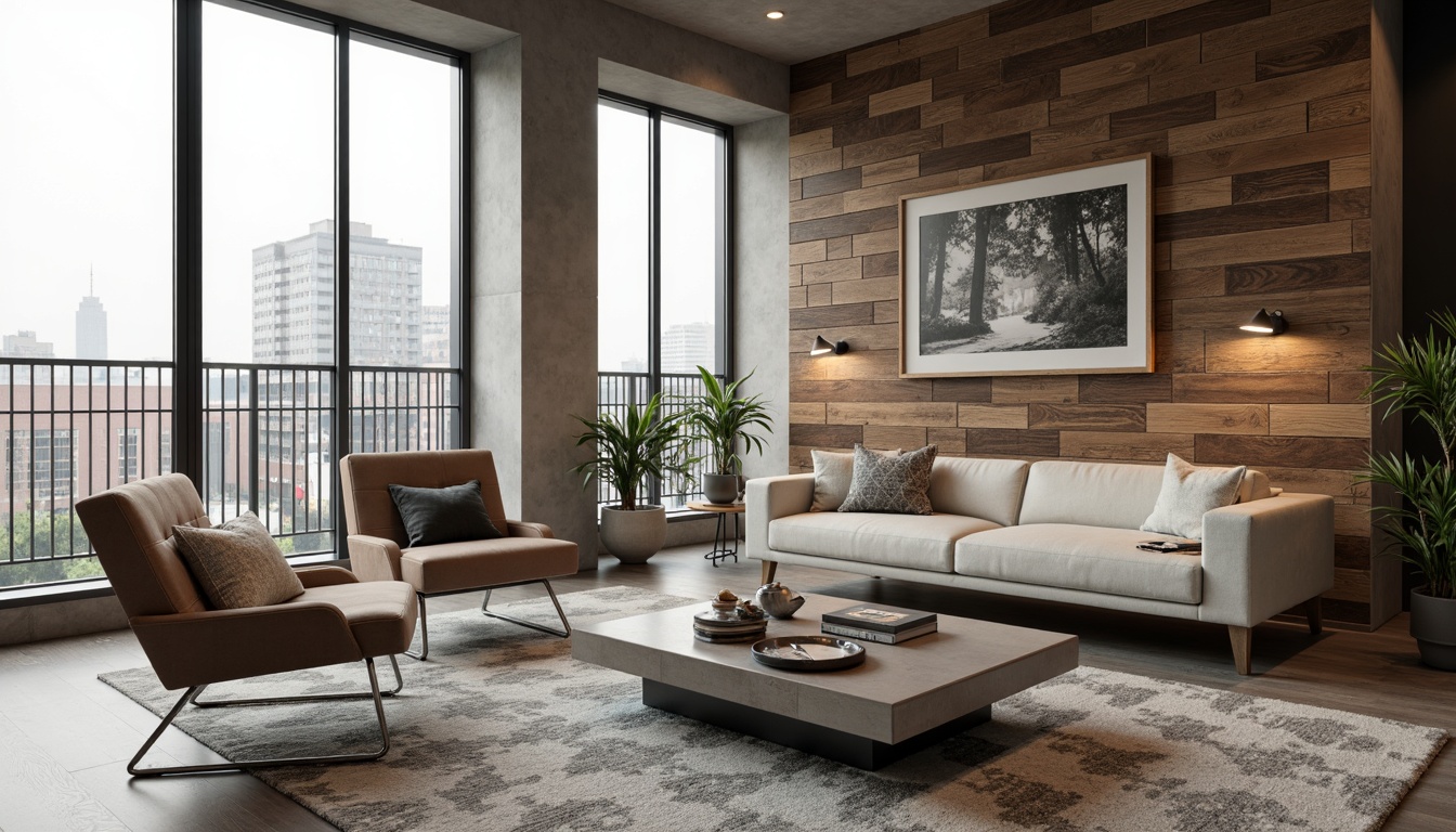 Prompt: Sleek low-profile sofa, polished chrome legs, tufted velvet upholstery, minimalist coffee table, geometric-patterned rug, industrial-style metal chairs, reclaimed wood accent wall, floor-to-ceiling windows, urban cityscape view, warm neutral color palette, soft diffused lighting, shallow depth of field, 1/1 composition, cinematic camera angle, realistic textures, subtle ambient occlusion.