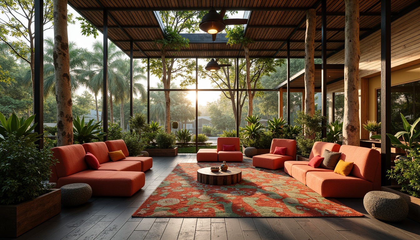 Prompt: Vibrant jungle-inspired zoo interior, expressive abstract furniture, bold color schemes, curved organic shapes, textured upholstery, reclaimed wood accents, metal framework, whimsical animal-shaped decor, eclectic patterned rugs, lush greenery, natural stone walls, dramatic lighting fixtures, oversized windows, panoramic views, soft focus blur, warm golden hour lighting, 1/2 composition, atmospheric perspective.