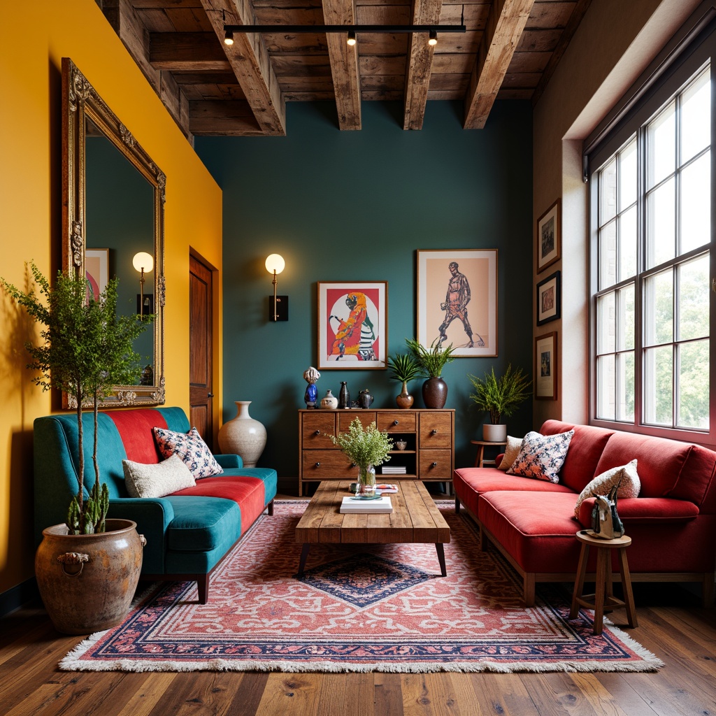 Prompt: Vibrant living room, bold color schemes, eclectic furniture, ornate metal frames, plush velvet sofas, abstract art pieces, geometric patterned rugs, industrial chic coffee tables, reclaimed wood accents, distressed finishes, asymmetrical shelving units, playful lighting fixtures, oversized decorative mirrors, retro-inspired appliances, whimsical textiles, avant-garde sculptures, organic shapes, curvaceous lines, 1/1 composition, warm softbox lighting, shallow depth of field, realistic reflections.