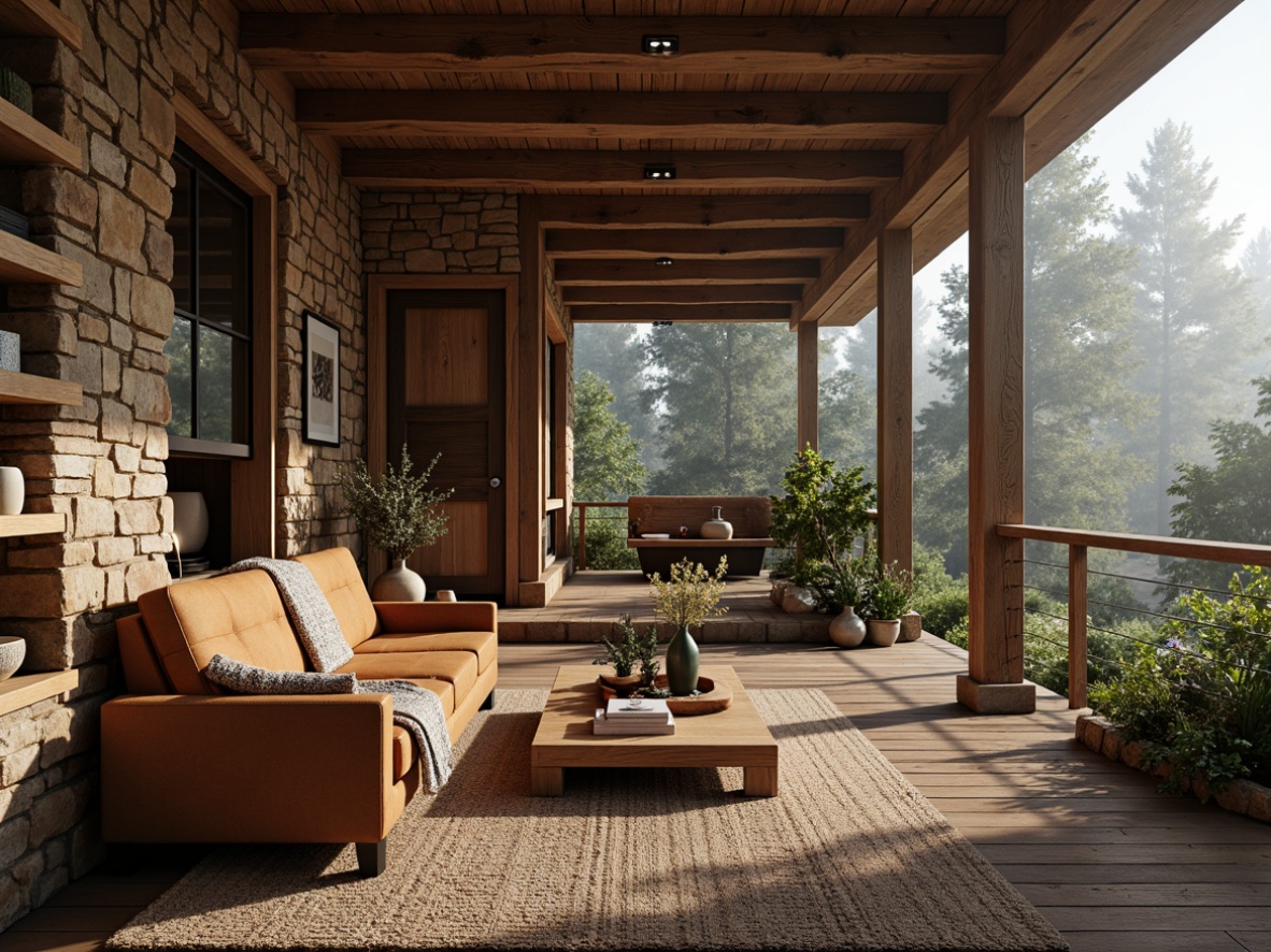 Prompt: Rustic modern cabin, reclaimed wood walls, natural stone accents, earthy color palette, cozy atmosphere, warm lighting, shallow depth of field, 3/4 composition, rough-hewn wooden beams, distressed finishes, vintage decorative items, plush furnishings, woven textiles, organic patterns, forest surroundings, misty morning, soft diffused light.