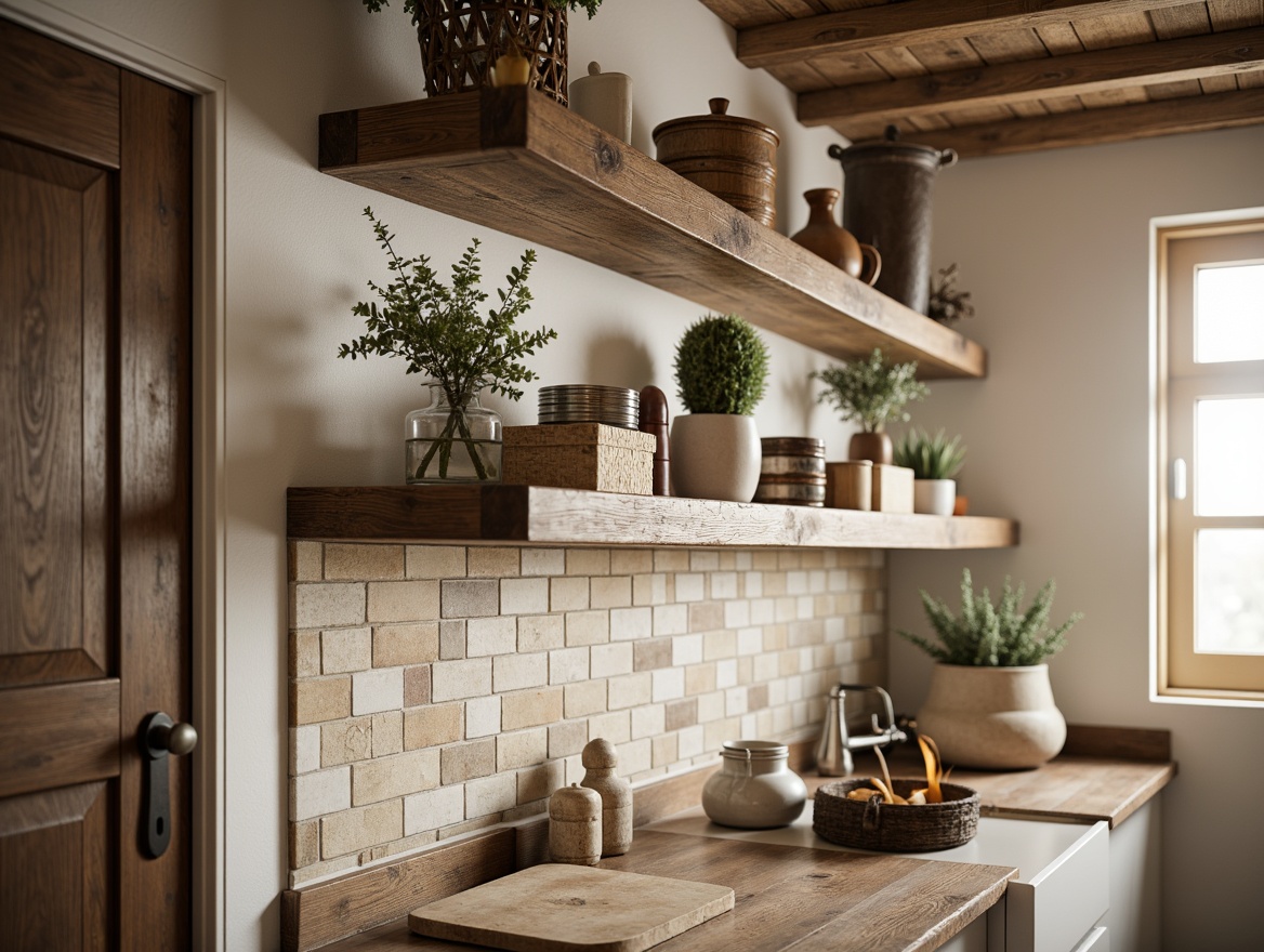 Prompt: Rustic farmhouse, distressed wood accents, vintage decorative items, earthy tone wall tiles, ceramic subway tiles, brick-inspired textures, natural stone patterns, neutral beige colors, soft warm lighting, shallow depth of field, 3/4 composition, realistic textures, ambient occlusion.