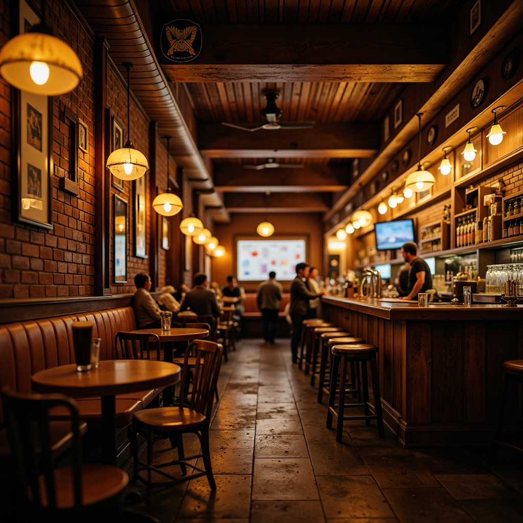 Prompt: Cozy pub atmosphere, warm earthy tones, rustic wooden accents, vintage signage, dim warm lighting, rich leather upholstery, ornate metal fixtures, classic brick walls, nostalgic memorabilia, lively crowd scenes, frosted glass pints, golden beer hues, soft warm glow, shallow depth of field, 1/2 composition, realistic textures, ambient occlusion.