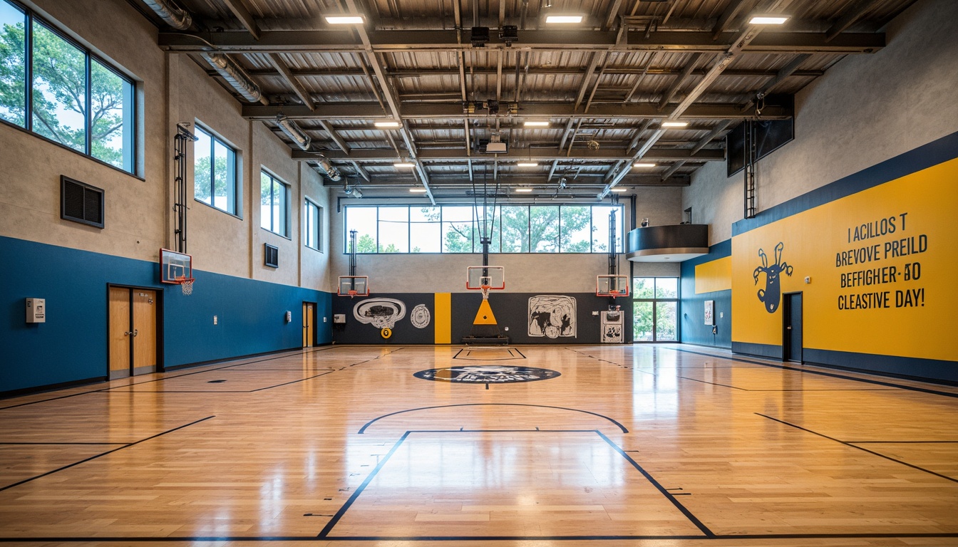 Prompt: Modern gymnasium interior, high ceilings, polished wood flooring, bright natural lighting, motivational quotes, athletic equipment, basketball hoops, scoreboards, sound-absorbing acoustic panels, vibrant colored walls, textured concrete surfaces, industrial metal beams, suspended LED light fixtures, dynamic diagonal lines, energetic atmosphere, shallow depth of field, 1/2 composition, realistic reflective materials.