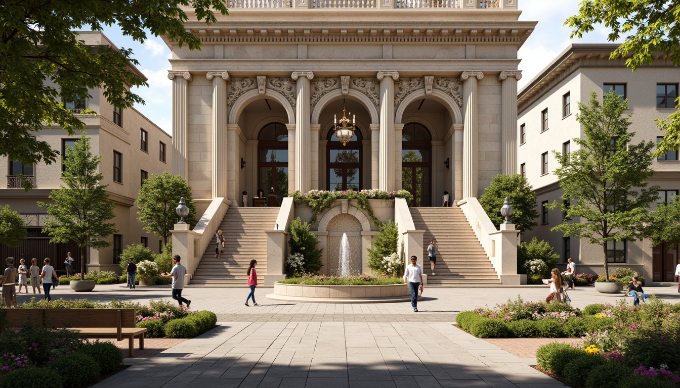 Prompt: Grand neoclassical building, symmetrical facade, ornate columns, intricately carved stone details, majestic entrance, sweeping staircases, polished marble floors, high ceilings, grand chandeliers, natural light pouring in, lush greenery, vibrant flowers, elegant fountains, statues, benches, pedestrian walkways, cobblestone pavement, urban cityscape, sunny day, soft warm lighting, shallow depth of field, 3/4 composition, panoramic view, realistic textures, ambient occlusion.