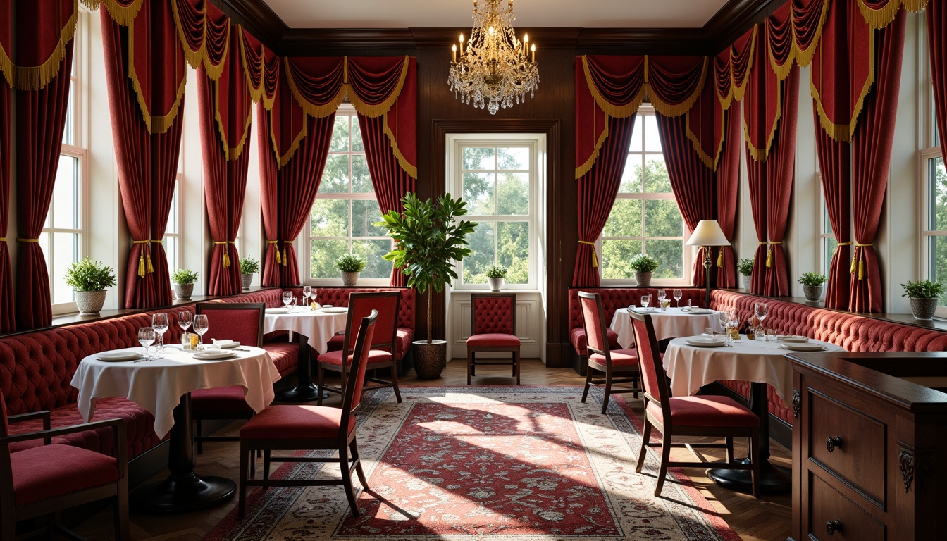 Prompt: Richly ornamented breakfast nook, velvet drapes, golden tassels, intricately patterned rugs, luxurious silk fabrics, ornate wooden furniture, carved chair legs, gilded accents, crystal chandeliers, soft warm lighting, cozy intimate atmosphere, elegant curves, opulent upholstery, brocade fabrics, rich jewel tones, lavish embellishments, subtle sheen, natural textures, classic European aesthetic.