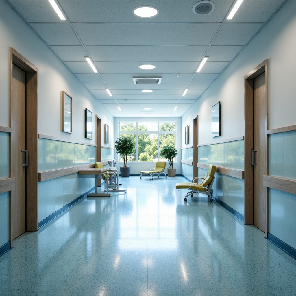 Prompt: Sterile hospital corridors, hygienic surfaces, durable flooring, acoustic ceilings, antimicrobial coatings, ergonomic furniture, calming color schemes, natural light influx, minimalistic decor, infection control systems, sustainable materials, recycled content, low-VOC paints, non-toxic adhesives, scratch-resistant walls, easy-clean finishes, seamless joints, thermal insulation, energy-efficient lighting, soft ambient illumination.