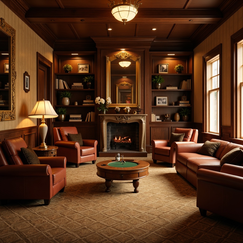 Prompt: Cozy game room, rich wood tones, leather sofas, velvet armchairs, antique coffee tables, vintage lamps, warm beige carpets, rustic wooden shelves, classic bookcases, ornate mirrors, traditional patterns, soft golden lighting, intimate atmosphere, 1/2 composition, shallow depth of field, realistic textures, ambient occlusion.