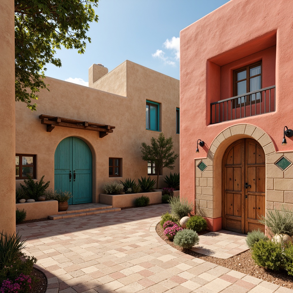 Prompt: Vibrant adobe architecture, turquoise accents, earthy terracotta tones, sandy beige walls, rich sienna reds, bold coral pinks, soft sage greens, weathered wood textures, rustic metal details, ornate tile patterns, intricate Native American-inspired motifs, warm desert sunlight, dramatic shadows, high contrast ratio, 1/1 composition, realistic renderings.