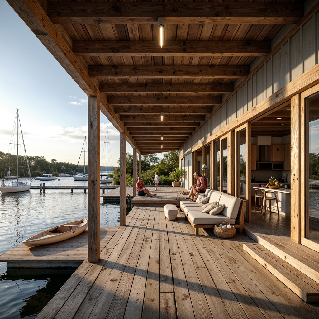 Prompt: Waterfront location, wooden dock, sailboats, kayaks, paddleboards, nautical decorations, rustic boathouse design, large windows, sliding glass doors, outdoor seating areas, built-in benches, natural wood accents, weathered wooden textures, corrugated metal roofs, minimalist interior design, open-plan living space, loft-style ceiling, industrial lighting fixtures, modern kitchen appliances, abundant natural light, soft warm ambiance, shallow depth of field, 3/4 composition, panoramic view, realistic reflections, ambient occlusion.