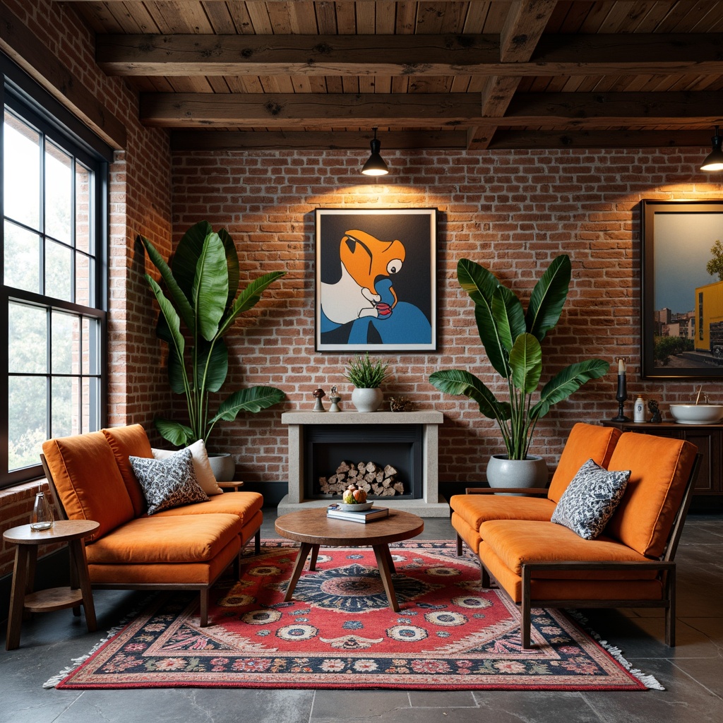 Prompt: Vintage industrial furniture, distressed wood accents, exposed brick walls, eclectic artwork, bold colorful rugs, plush velvet sofas, reclaimed metal decorations, abstract sculptures, natural stone floors, earthy tone palettes, warm ambient lighting, shallow depth of field, 1/1 composition, realistic textures, ambient occlusion.