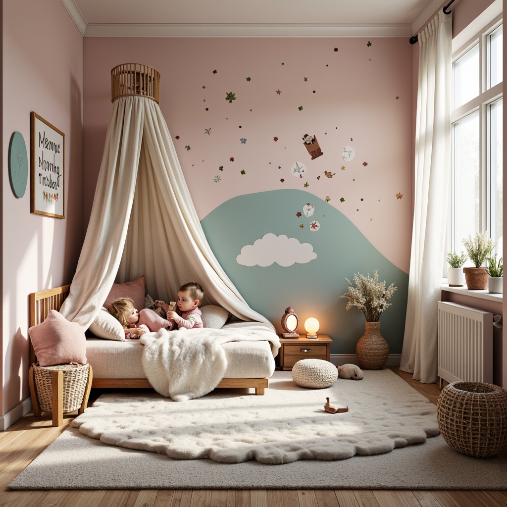 Prompt: Cozy kids' bedroom, soft plush carpet, gentle pastel colors, whimsical wallpaper patterns, playful polka dots, vibrant stripes, snuggle-up reading nooks, oversized pillows, faux fur throws, wooden furniture, natural textures, woven baskets, cheerful fairy lights, warm task lighting, 1/1 composition, shallow depth of field, realistic fabrics, ambient occlusion.