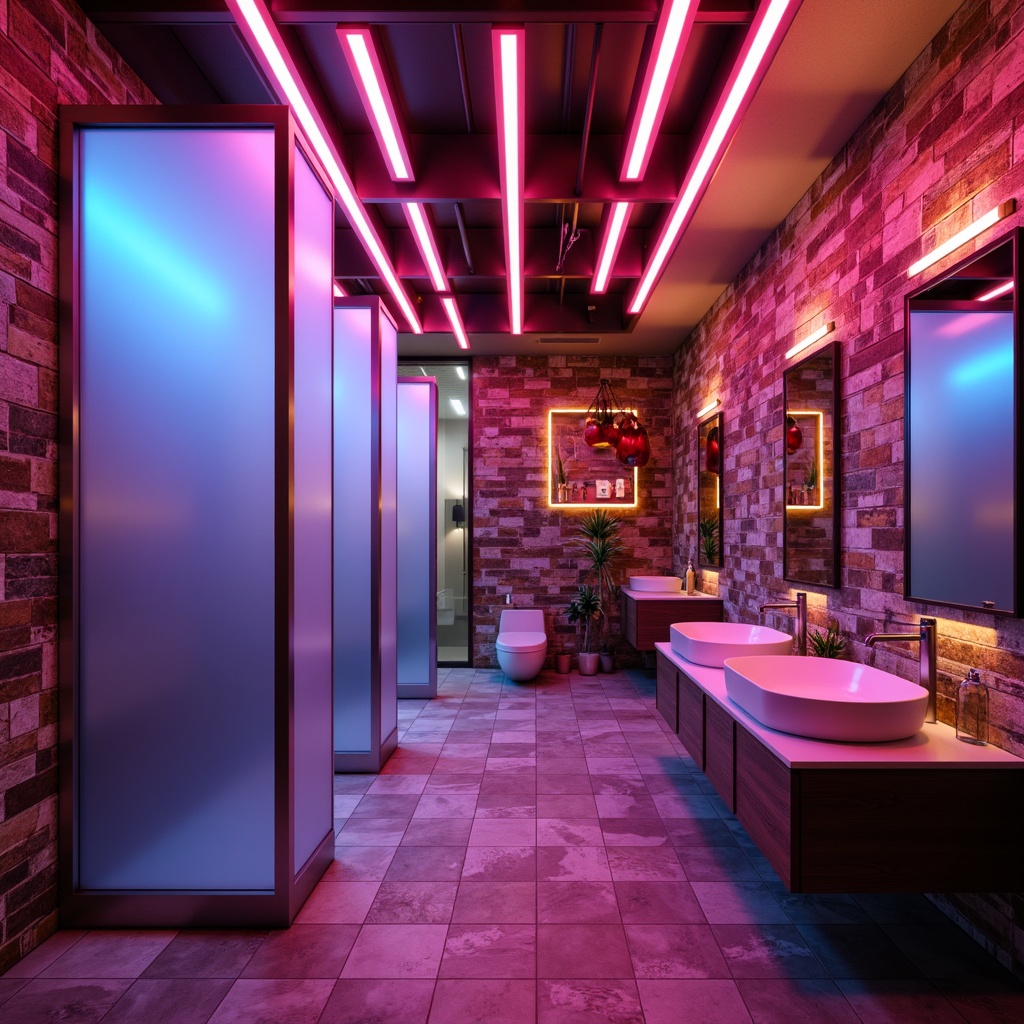 Prompt: Vibrant postmodern bathroom, bold color schemes, abstract patterns, eclectic fixtures, LED strip lights, neon accents, futuristic ambiance, sleek metallic surfaces, frosted glass partitions, minimalist decor, geometric tile arrangements, textured stone walls, dramatic shadowing, high-contrast lighting, layered luminescence, warm glow, soft focus, 1/2 composition, cinematic atmosphere, avant-garde style.