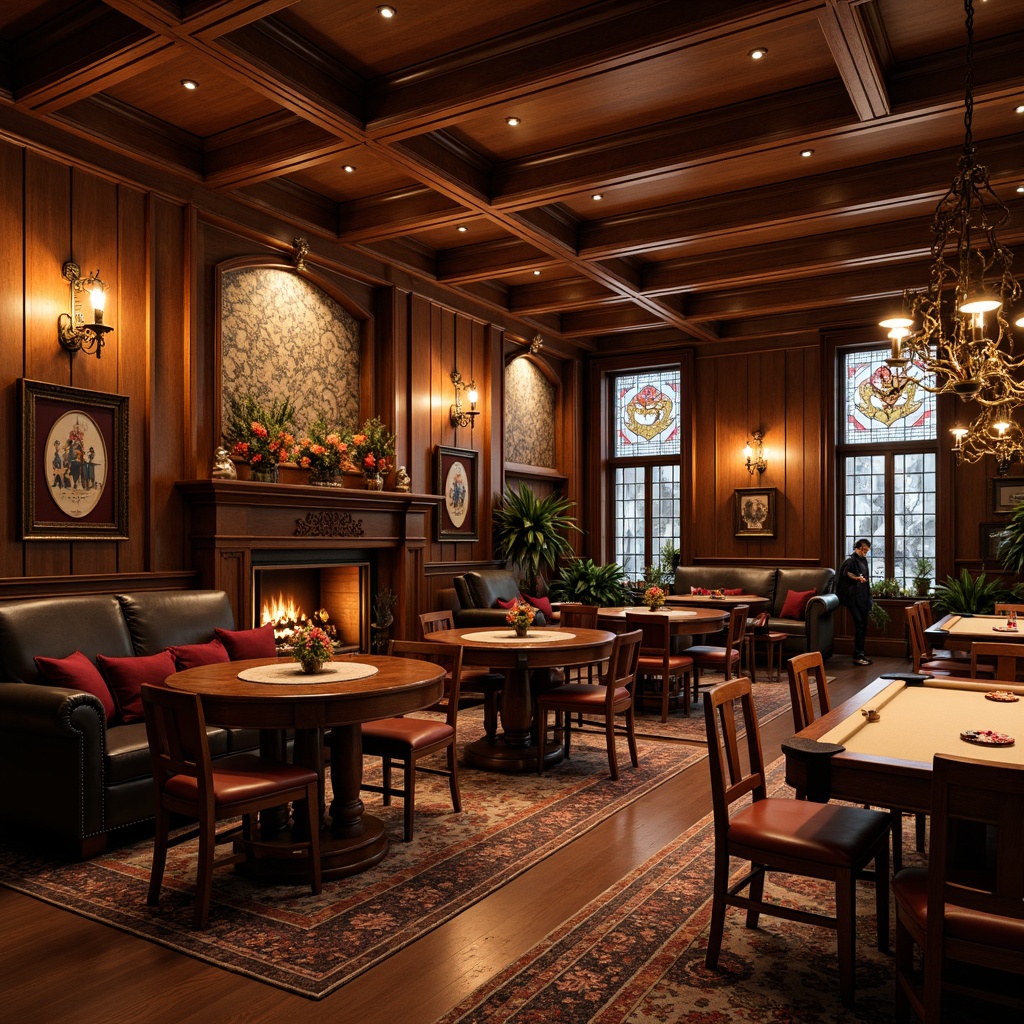 Prompt: Cozy game room, traditional wood paneling, warm fireplaces, plush leather furniture, rich wood tones, ornate wooden decorations, intricate carvings, luxurious fabrics, vintage lighting fixtures, elegant chandeliers, glass accents, stained glass windows, leaded glass doors, frosted glass cabinets, beveled glass shelves, ambient softbox lighting, 1/1 composition, shallow depth of field, warm color palette, inviting atmosphere.