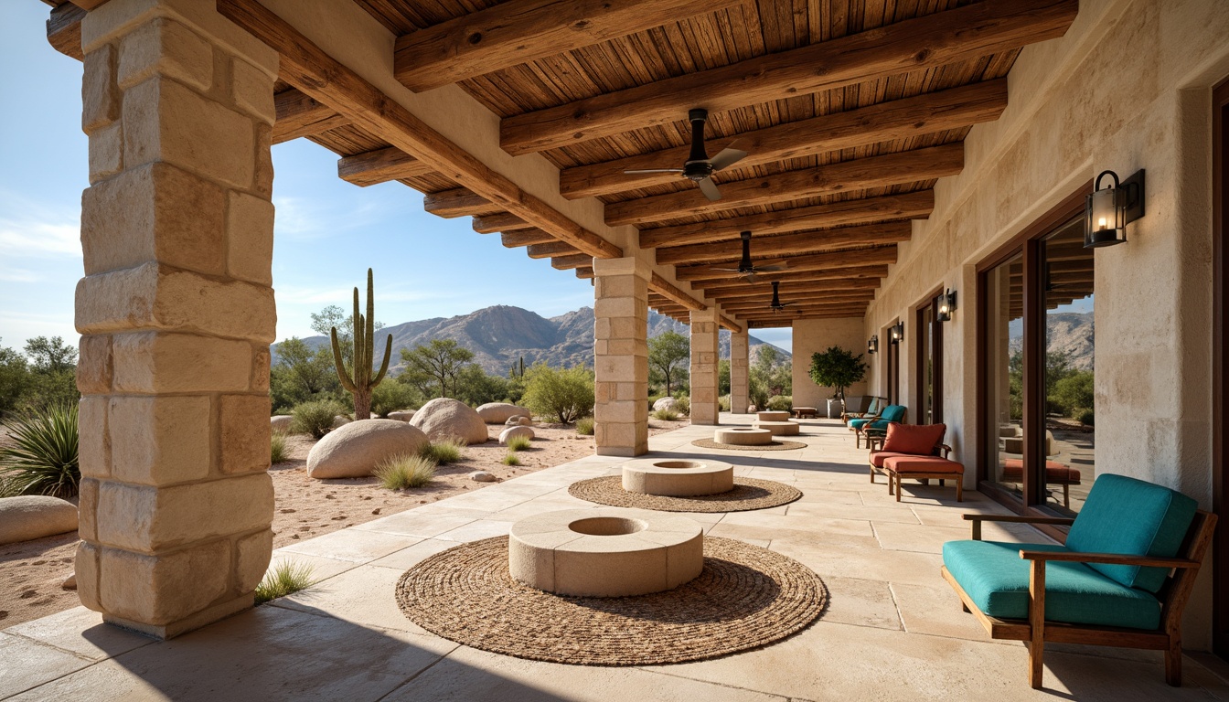 Prompt: Rustic hall, southwestern style, earthy tones, natural materials, wooden accents, stone walls, adobe-inspired architecture, vibrant turquoise, warm beige, soft sandy textures, woven textiles, patterned rugs, leather upholstery, antique metal fixtures, distressed wood furniture, desert landscape, cactus plants, warm sunny day, clear blue sky, large windows, sliding glass doors, shallow depth of field, 3/4 composition, panoramic view.